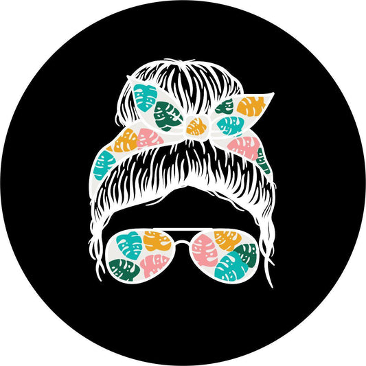 Top Knot Tropical Girl With Sunglasses - Custom Designed Tire Cover for Jeep, RV, Camper, Etc.-duckduckjeep-offroad-wrangler-gladiator-3d-jeep duck-custom duck-Jeep-The Quacktory-Fun Jeep Ducks-Ducks4Jeep