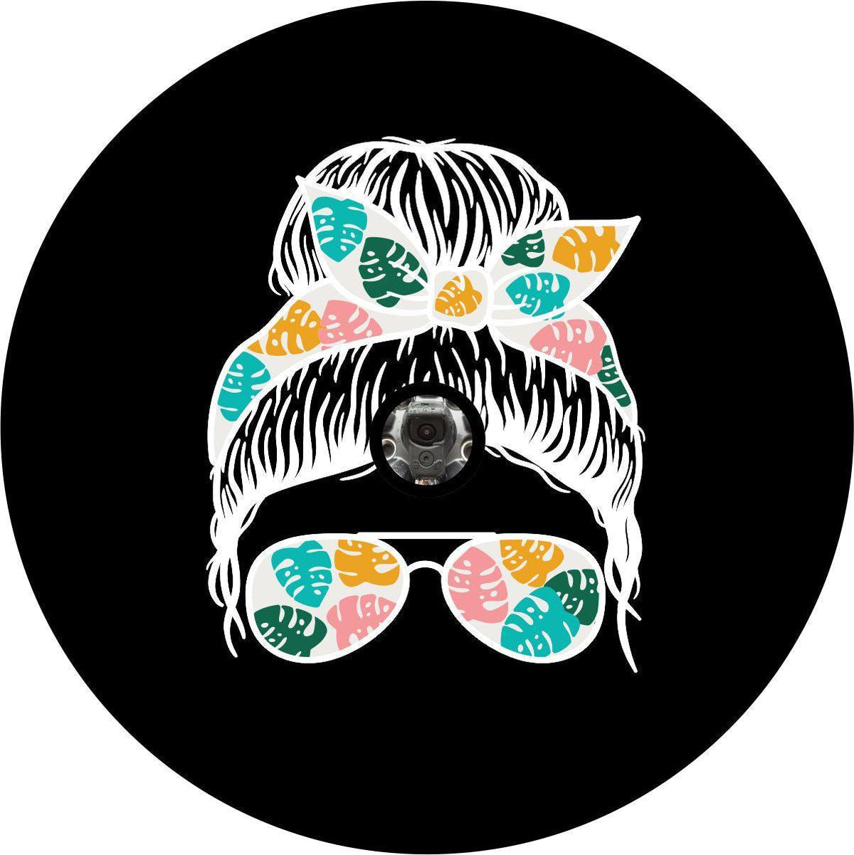 Top Knot Tropical Girl With Sunglasses - Custom Designed Tire Cover for Jeep, RV, Camper, Etc.-duckduckjeep-offroad-wrangler-gladiator-3d-jeep duck-custom duck-Jeep-The Quacktory-Fun Jeep Ducks-Ducks4Jeep