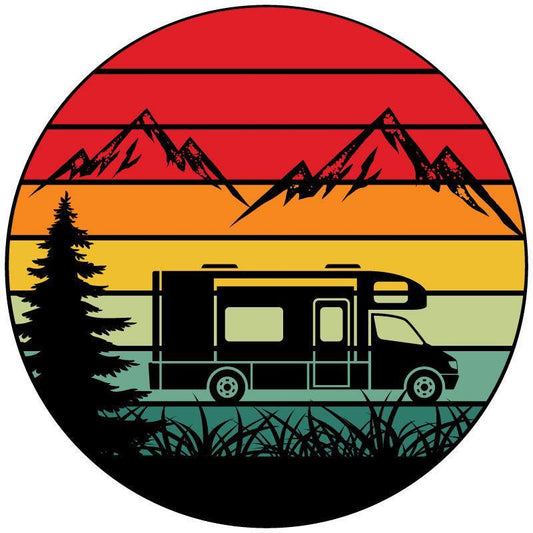 Traveling Motorcoach in The Mountains Retro Spare Tire Cover Design for RV, Camper, Motorcoach, Travel Trailer-duckduckjeep-offroad-wrangler-gladiator-3d-jeep duck-custom duck-Jeep-The Quacktory-Fun Jeep Ducks-Ducks4Jeep