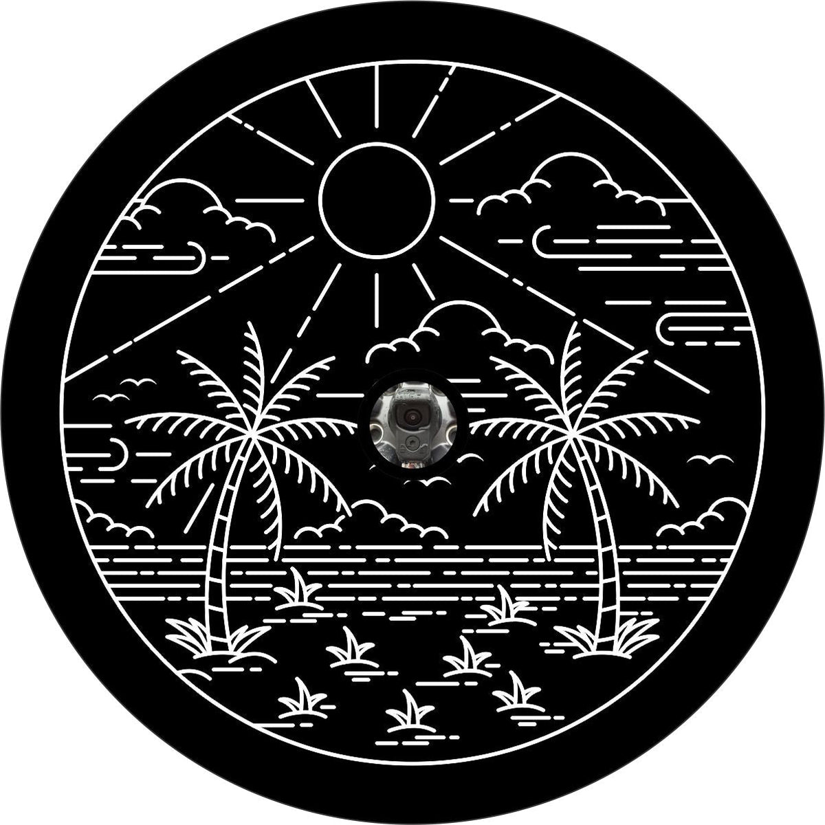 Tropical Beach & Palm Trees Spare Tire Cover Design - Jeep, RV, Camper, Van, Bronco, Trailer, FJ Cruiser-duckduckjeep-offroad-wrangler-gladiator-3d-jeep duck-custom duck-Jeep-The Quacktory-Fun Jeep Ducks-Ducks4Jeep