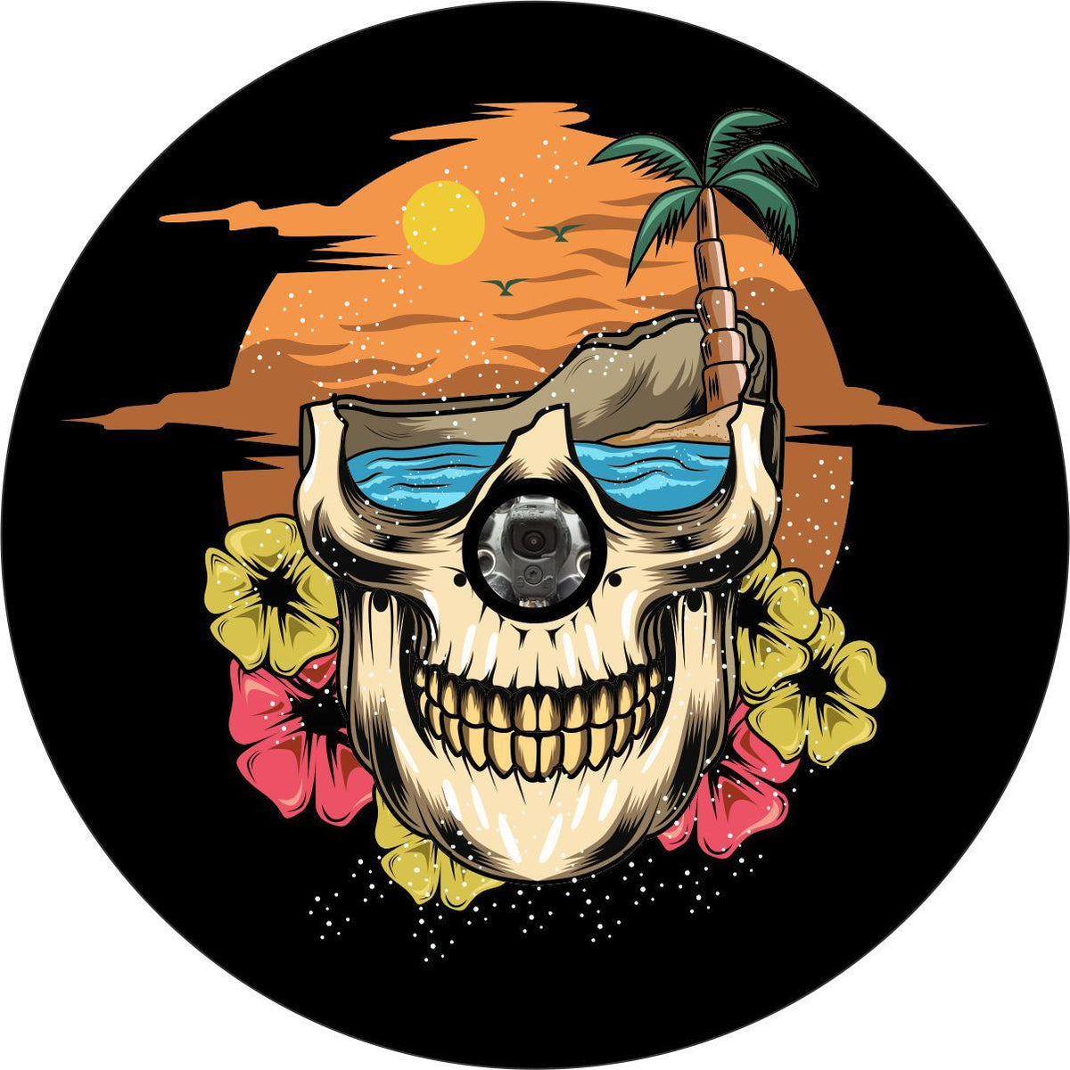 Tropical Skull, Beach, & Hibiscus Flowers Spare Tire Cover for Jeep, RV, Bronco, and More-duckduckjeep-offroad-wrangler-gladiator-3d-jeep duck-custom duck-Jeep-The Quacktory-Fun Jeep Ducks-Ducks4Jeep