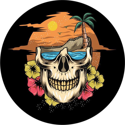 Tropical Skull, Beach, & Hibiscus Flowers Spare Tire Cover for Jeep, RV, Bronco, and More-duckduckjeep-offroad-wrangler-gladiator-3d-jeep duck-custom duck-Jeep-The Quacktory-Fun Jeep Ducks-Ducks4Jeep