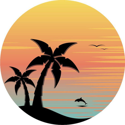 Tropical Sunset with Dolphins & Palm Trees Spare Tire Cover-duckduckjeep-offroad-wrangler-gladiator-3d-jeep duck-custom duck-Jeep-The Quacktory-Fun Jeep Ducks-Ducks4Jeep