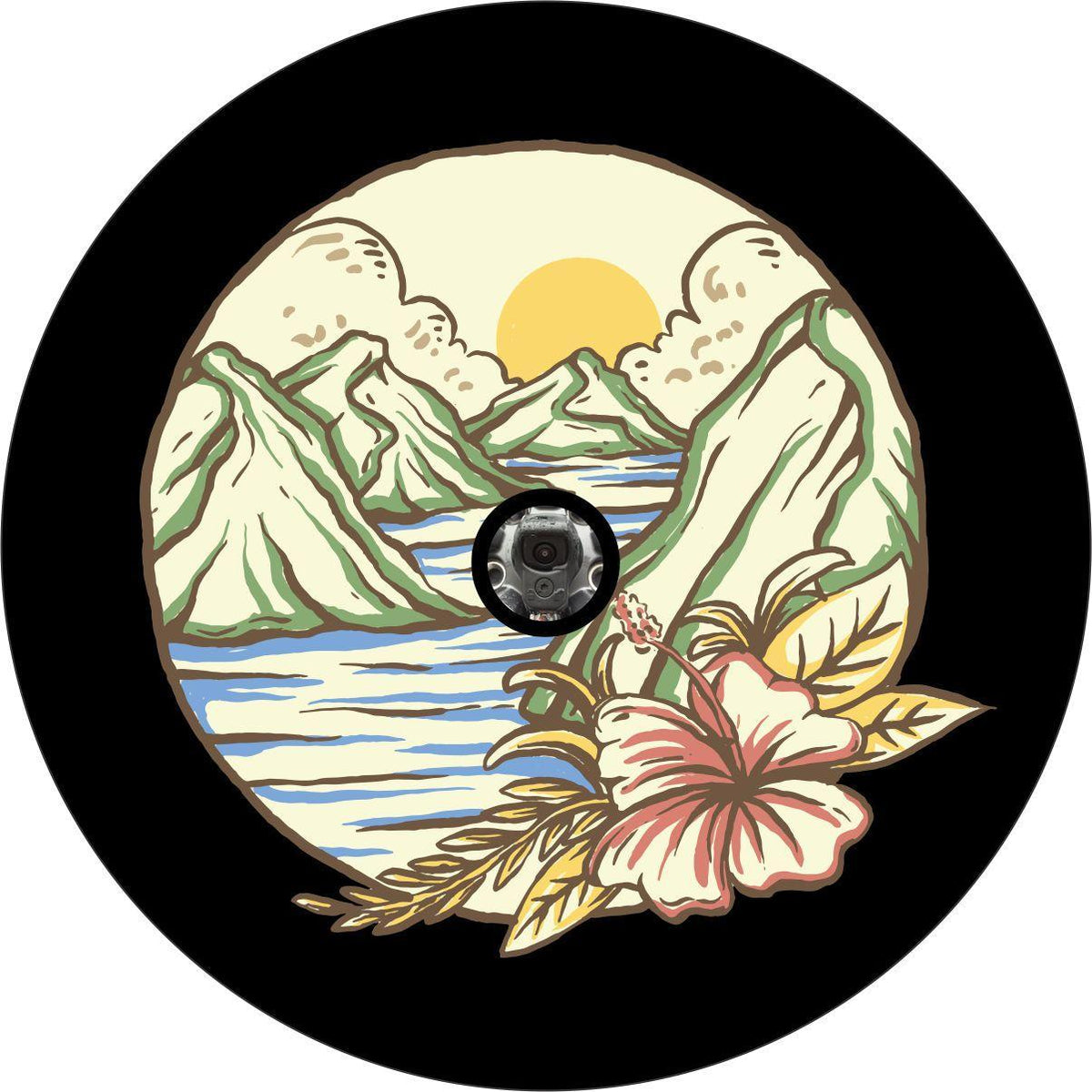 Vintage Mountains at the Sea & Tropical Flower Spare Tire Cover-duckduckjeep-offroad-wrangler-gladiator-3d-jeep duck-custom duck-Jeep-The Quacktory-Fun Jeep Ducks-Ducks4Jeep