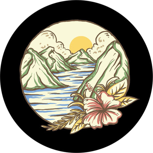 Vintage Mountains at the Sea & Tropical Flower Spare Tire Cover-duckduckjeep-offroad-wrangler-gladiator-3d-jeep duck-custom duck-Jeep-The Quacktory-Fun Jeep Ducks-Ducks4Jeep