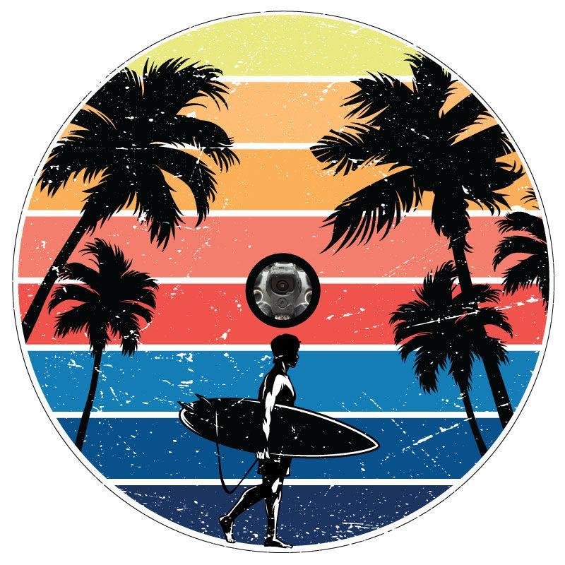 Vintage Surfer & Palm Trees Spare Tire Cover for Jeep, RV, Bronco & More-duckduckjeep-offroad-wrangler-gladiator-3d-jeep duck-custom duck-Jeep-The Quacktory-Fun Jeep Ducks-Ducks4Jeep