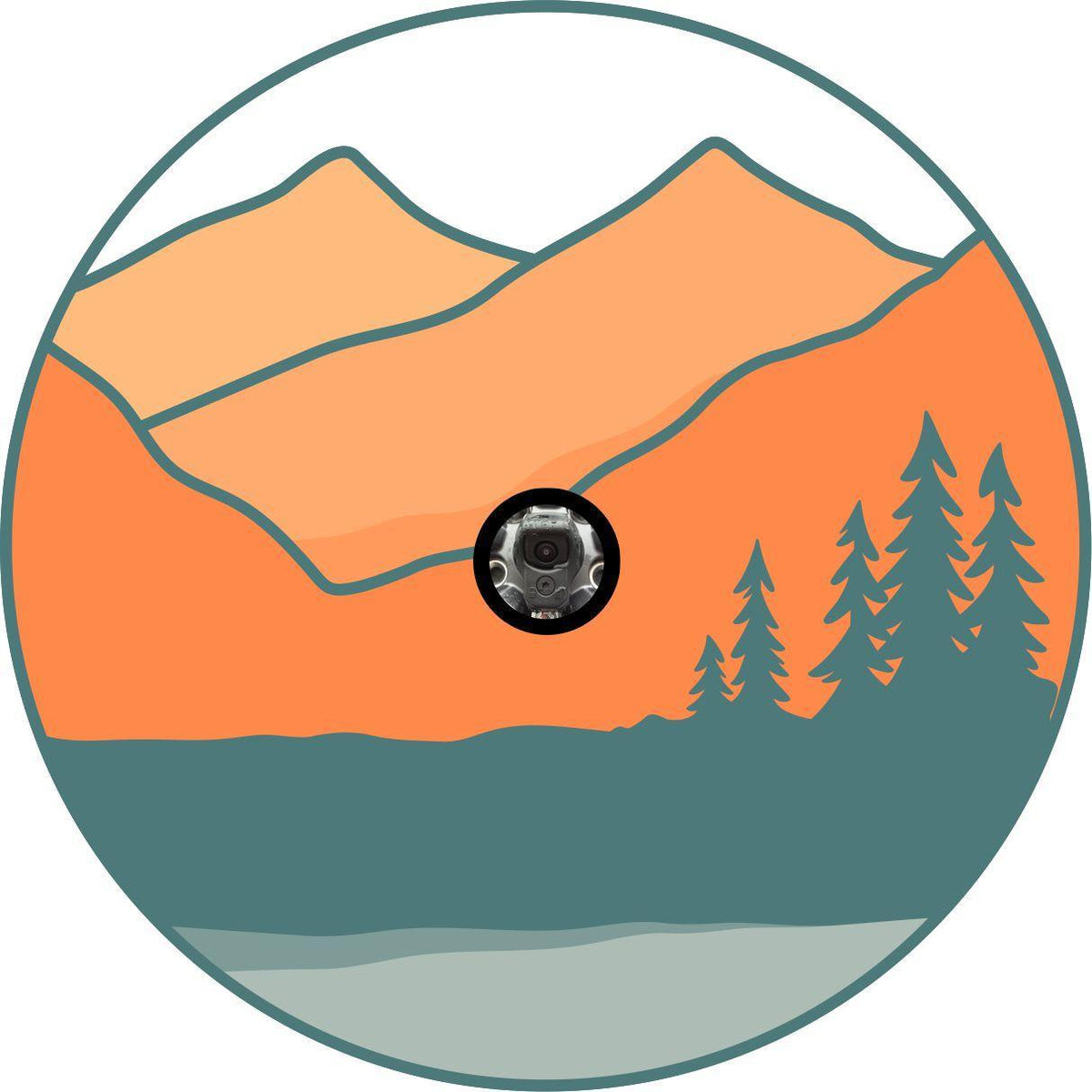 Vintage Trees and Mountains - Teal + Orange Spare Tire Cover-duckduckjeep-offroad-wrangler-gladiator-3d-jeep duck-custom duck-Jeep-The Quacktory-Fun Jeep Ducks-Ducks4Jeep