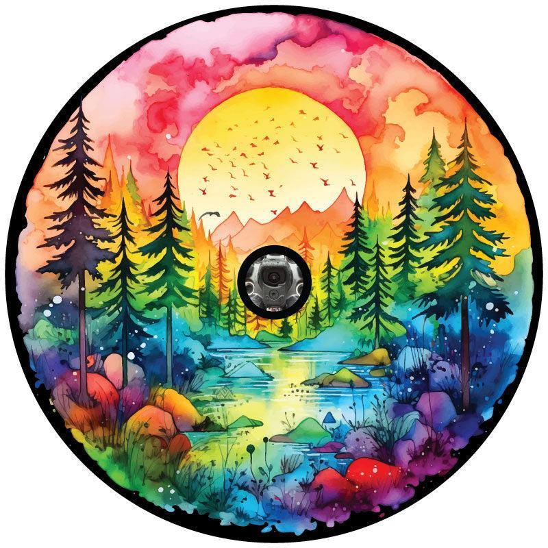 Watercolor Painting Nature Lake Landscape at Sunset Spare Tire Cover-duckduckjeep-offroad-wrangler-gladiator-3d-jeep duck-custom duck-Jeep-The Quacktory-Fun Jeep Ducks-Ducks4Jeep