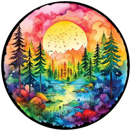 Watercolor Painting Nature Lake Landscape at Sunset Spare Tire Cover-duckduckjeep-offroad-wrangler-gladiator-3d-jeep duck-custom duck-Jeep-The Quacktory-Fun Jeep Ducks-Ducks4Jeep