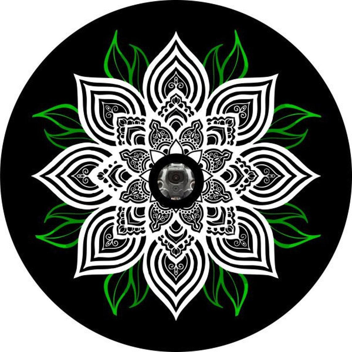 White Mandala Flower with Green Leaves-duckduckjeep-offroad-wrangler-gladiator-3d-jeep duck-custom duck-Jeep-The Quacktory-Fun Jeep Ducks-Ducks4Jeep