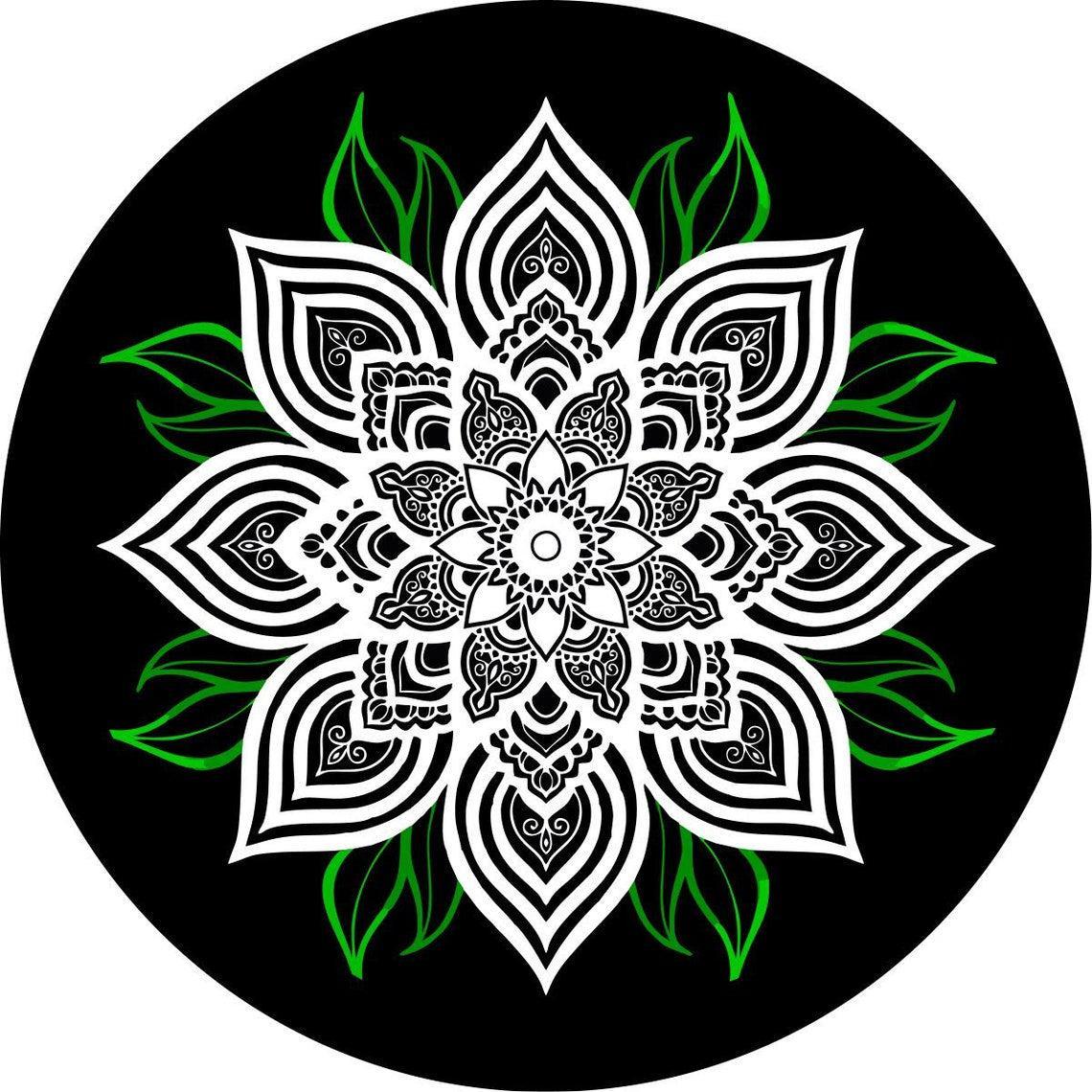 White Mandala Flower with Green Leaves-duckduckjeep-offroad-wrangler-gladiator-3d-jeep duck-custom duck-Jeep-The Quacktory-Fun Jeep Ducks-Ducks4Jeep