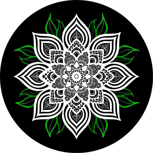 White Mandala Flower with Green Leaves-duckduckjeep-offroad-wrangler-gladiator-3d-jeep duck-custom duck-Jeep-The Quacktory-Fun Jeep Ducks-Ducks4Jeep