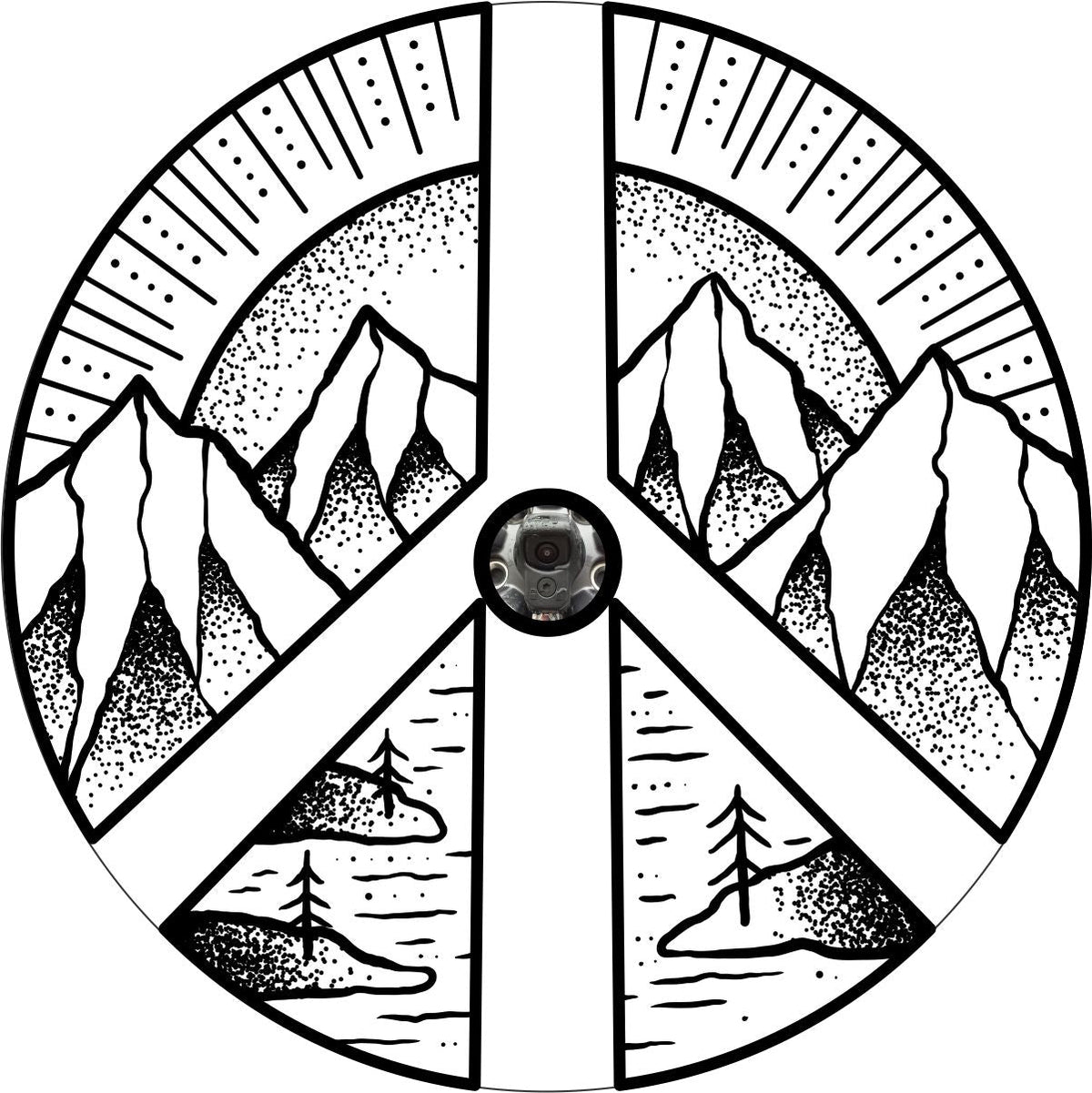 White Vinyl Mountain Peace Sign Spare Tire Cover for Jeep, RV, Bronco, Camper, Trailer, & More-duckduckjeep-offroad-wrangler-gladiator-3d-jeep duck-custom duck-Jeep-The Quacktory-Fun Jeep Ducks-Ducks4Jeep