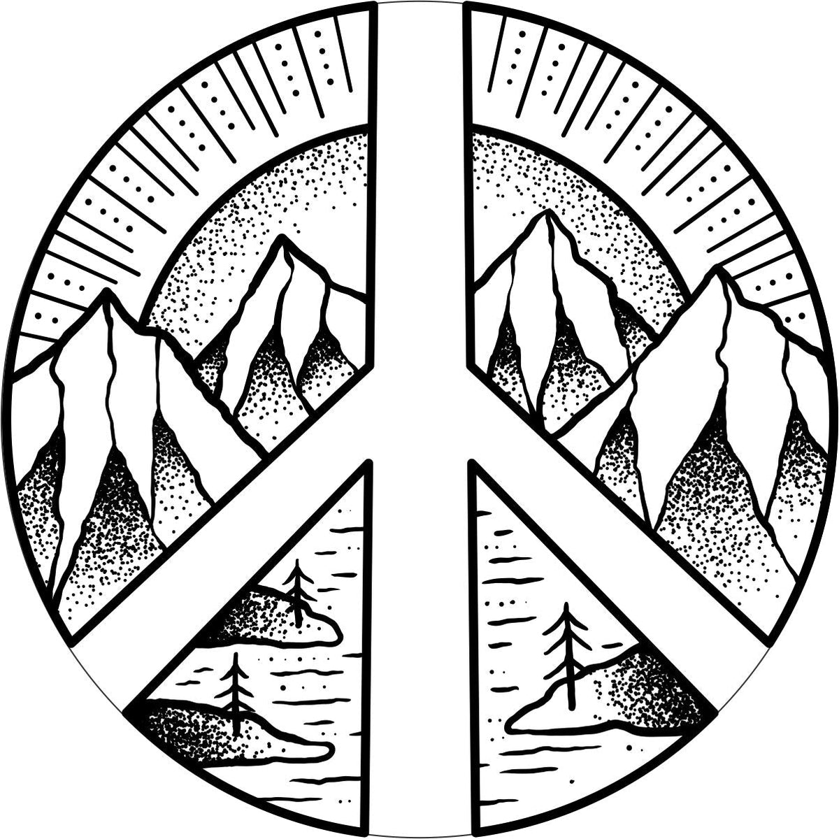 White Vinyl Mountain Peace Sign Spare Tire Cover for Jeep, RV, Bronco, Camper, Trailer, & More-duckduckjeep-offroad-wrangler-gladiator-3d-jeep duck-custom duck-Jeep-The Quacktory-Fun Jeep Ducks-Ducks4Jeep