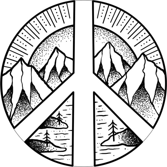 White Vinyl Mountain Peace Sign Spare Tire Cover for Jeep, RV, Bronco, Camper, Trailer, & More-duckduckjeep-offroad-wrangler-gladiator-3d-jeep duck-custom duck-Jeep-The Quacktory-Fun Jeep Ducks-Ducks4Jeep