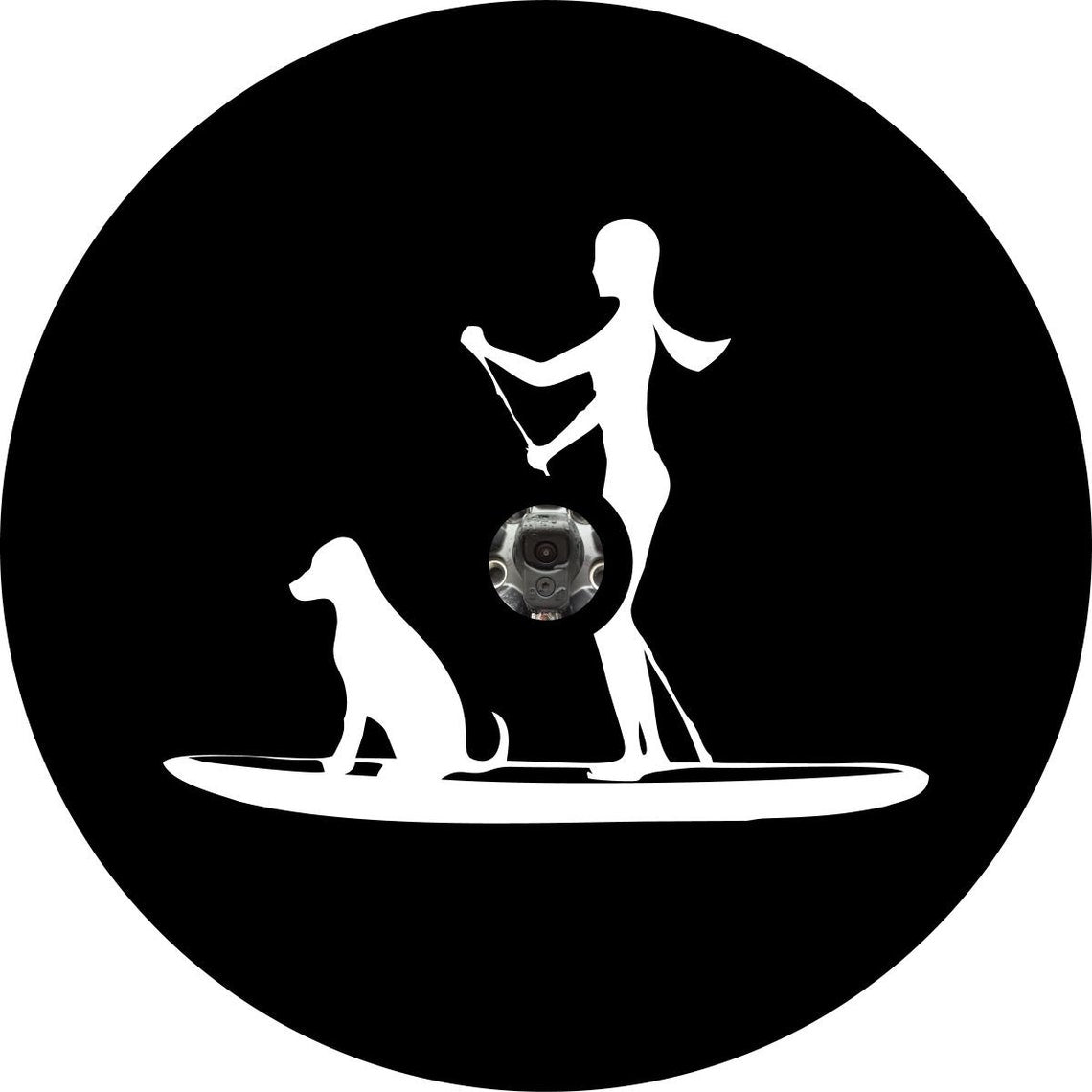 Woman and Her Dog Paddle Boarding Spare Tire Cover for Jeep, Bronco, Camper, RV, Van-duckduckjeep-offroad-wrangler-gladiator-3d-jeep duck-custom duck-Jeep-The Quacktory-Fun Jeep Ducks-Ducks4Jeep