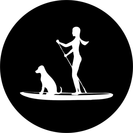 Woman and Her Dog Paddle Boarding Spare Tire Cover for Jeep, Bronco, Camper, RV, Van-duckduckjeep-offroad-wrangler-gladiator-3d-jeep duck-custom duck-Jeep-The Quacktory-Fun Jeep Ducks-Ducks4Jeep