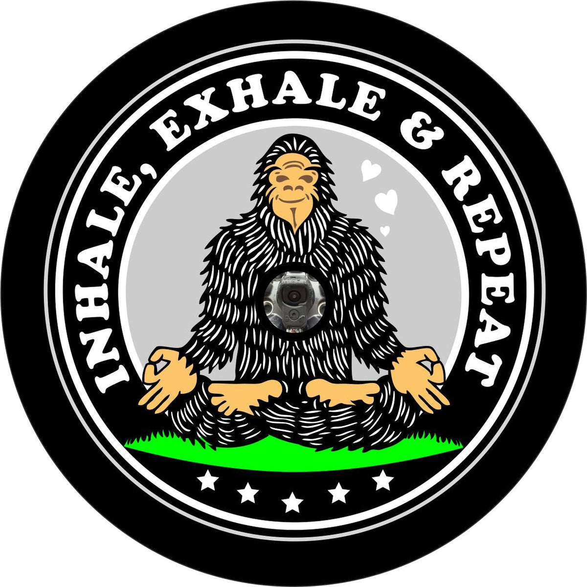 Zen Bigfoot Sasquatch Inhale, Exhale, & Repeat Funny Spare Tire Cover for Jeep, Bronco, RV, Camper, & More-duckduckjeep-offroad-wrangler-gladiator-3d-jeep duck-custom duck-Jeep-The Quacktory-Fun Jeep Ducks-Ducks4Jeep